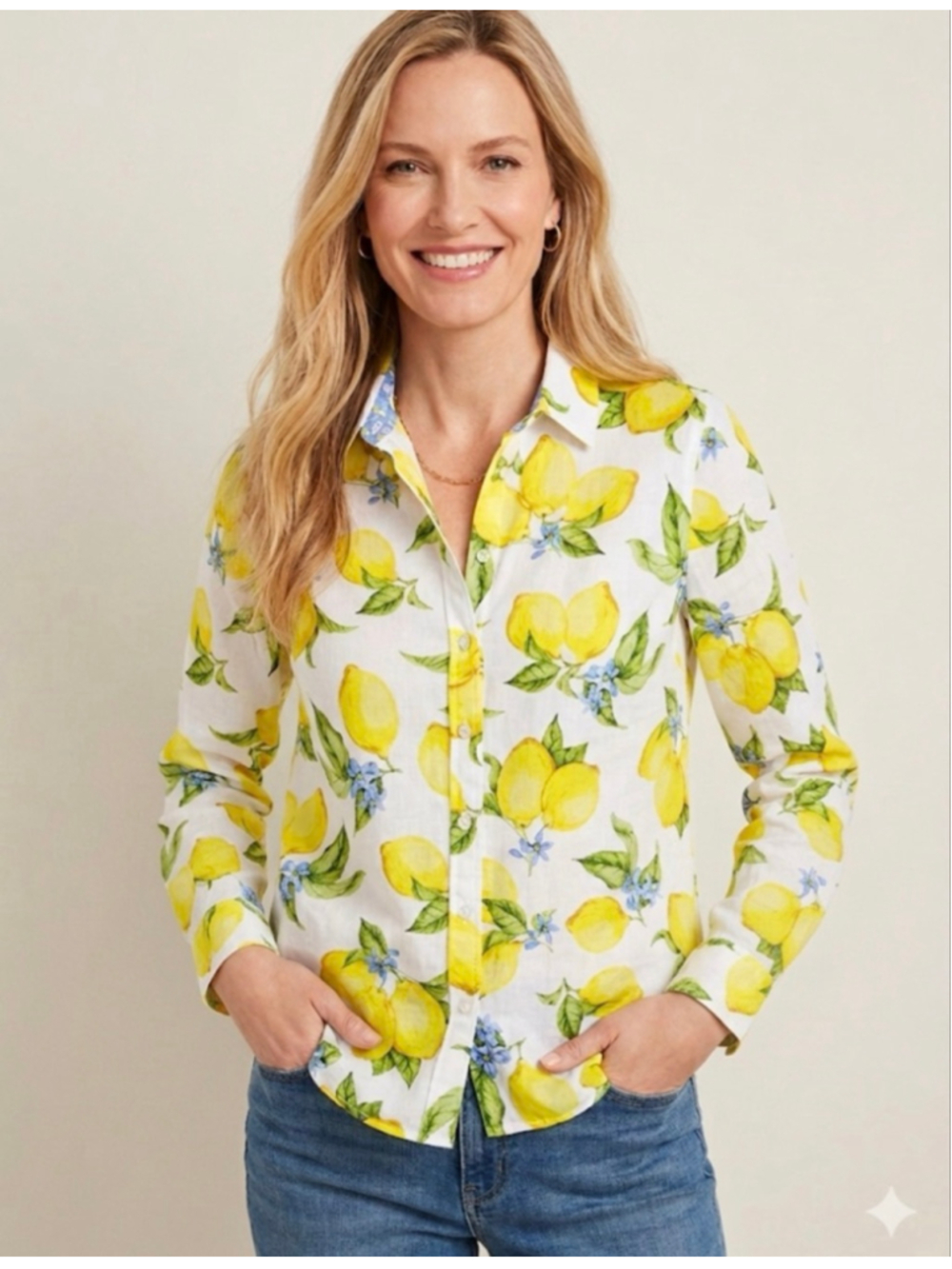 Talbots Petite Button Down Shirt MP White Yellow Lemon Print